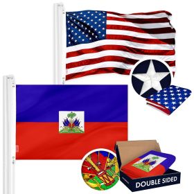 Combo Pack USA American Flag Single Sided & Haiti Haitian Flag Double Sided 3x5 Ft Embroidered 210D Polyester Indoor Outdoor Brass Grommets