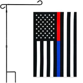 Combo Pack Garden Flag Stand Black 36x16 Inch & Garden Flag Thin Blue and Red Line 12x18 Inch