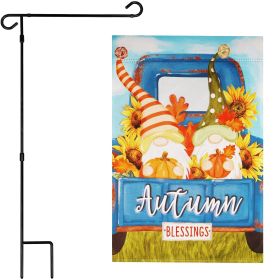 Combo Pack Garden Flag Stand Black 36 x 16 in & Garden Flag 12x18 in Fall Decoration Autumn Blessings Gnomes with Pumpkins Double-Sided Blockout