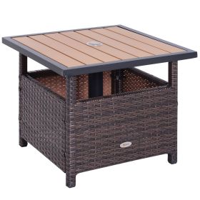 Outsunny 22'' Rattan Wicker Side Table with Steel Frame, Umbrella Insert Hole, Sand Bag for Outdoor, Patio, Garden, Backyard, Brown