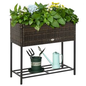 Outsunny Raised Garden Bed, Elevated Planter Box with Rattan Wicker Look, Tool Storage Shelf, Portable Design for Herbs, Vegetables, Flowers, Bro