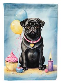 Black Pug Happy Birthday House Flag Large Porch Sleeve Pole Decorative Outside Yard Banner Artwork Wall Hanging, Polyester, House Size, Multicolo